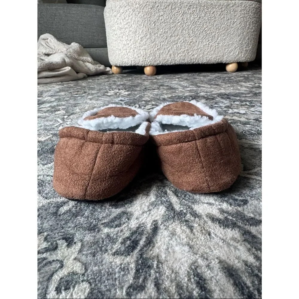 Coxist Cozy Brown Faux-Suede Slippers with White Sherpa Trim